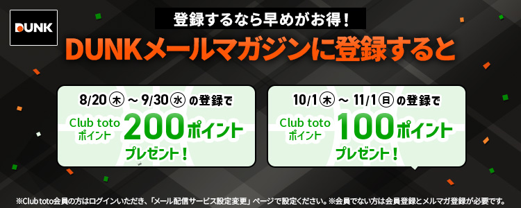 登録するなら早めがお得!DUNKメールマガジンに登録すると8/20(木)~9/30(水)の登録でClub totoポイント200ポイントプレゼント!10/1(木)~11/1(日)の登録でClub totoポイント100ポイントプレゼント!※Club toto会員の方はログインいただき、「メール配信サービス設定変更」ページで設定ください。※会員でない方は会員登録とメルマガ登録が必要です。