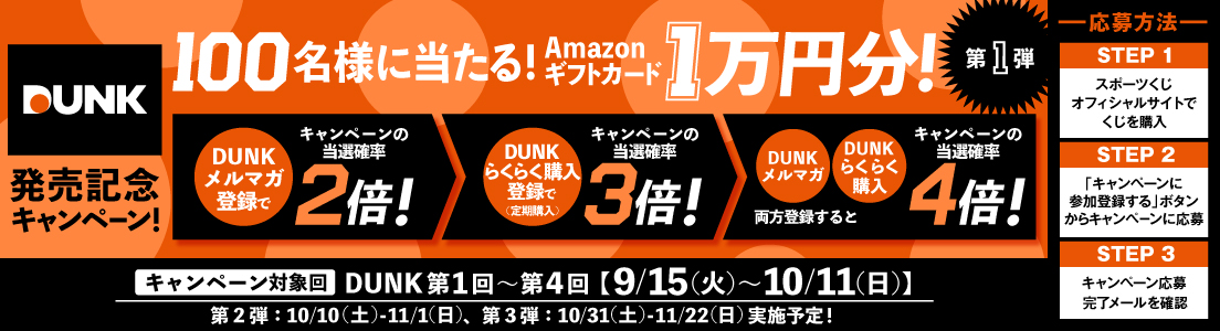 DUNK発売記念キャンペーン!100名様に当たる!Amazonギフトカード1万円分!第1弾 DUNKメルマガ登録でキャンペーンの当選確率2倍!→DUNKらくらく購入登録で(定期購入)キャンペーンの当選確率3倍!→DUNKメルマガ・DUNKらくらく購入両方登録するとキャンペーンの当選確率4倍! キャンペーン対象回 DUNK第1回~第4回【9/15(火)~10/11(日】第2弾:10/10(土)~11/1(日)、第3弾:10/31(土)~11/22(日)実施予定!-応募方法- STEP1スポーツくじオフィシャルサイトでくじを購入 STEP2「キャンペーンに参加登録する」ボタンからキャンペーンに応募 STEP3キャンペーン応募完了メールを確認