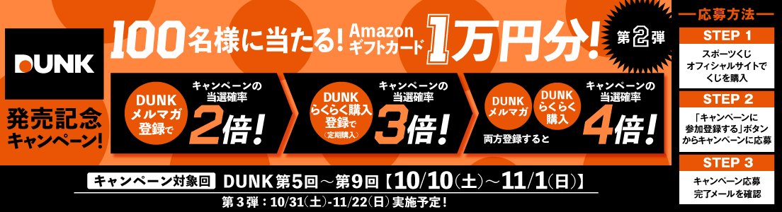 DUNK発売記念キャンペーン!100名様に当たる!Amazonギフトカード1万円分!第2弾 DUNKメルマガ登録でキャンペーンの当選確率2倍!→DUNKらくらく購入登録で(定期購入)キャンペーンの当選確率3倍!→DUNKメルマガ・DUNKらくらく購入両方登録するとキャンペーンの当選確率4倍! キャンペーン対象回 DUNK第5回~第9回【10/10(土)~11/1(日)】第3弾:10/31(土)~11/22(日)実施予定!-応募方法- STEP1スポーツくじオフィシャルサイトでくじを購入 STEP2「キャンペーンに参加登録する」ボタンからキャンペーンに応募 STEP3キャンペーン応募完了メールを確認