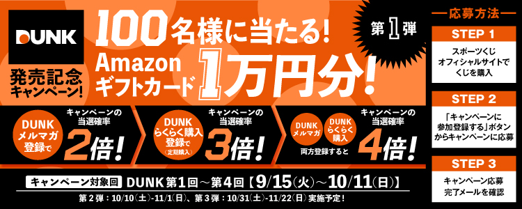 DUNK発売記念キャンペーン!100名様に当たる!Amazonギフトカード1万円分!第1弾 DUNKメルマガ登録でキャンペーンの当選確率2倍!→DUNKらくらく購入登録で(定期購入)キャンペーンの当選確率3倍!→DUNKメルマガ・DUNKらくらく購入両方登録するとキャンペーンの当選確率4倍! キャンペーン対象回 DUNK第1回~第4回【9/15(火)~10/11(日】第2弾:10/10(土)~11/1(日)、第3弾:10/31(土)~11/22(日)実施予定!-応募方法- STEP1スポーツくじオフィシャルサイトでくじを購入 STEP2「キャンペーンに参加登録する」ボタンからキャンペーンに応募 STEP3キャンペーン応募完了メールを確認