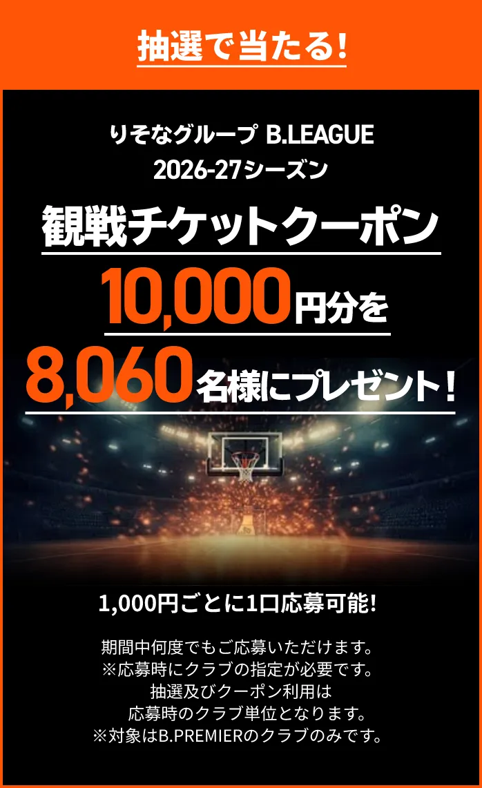 抽選で当たる！ りそなグループ B.LEAGUE 2026-27シーズン 観戦チケットクーポン10,000円分を8,060名様にプレゼント！ 1,000円ごとに1口応募可能！期間中何度でもご応募いただけます。 ※応募時にクラブの指定が必要です。抽選及びクーポン利用は応募時のクラブ単位となります。※対象はB.PREMIERのクラブのみです。