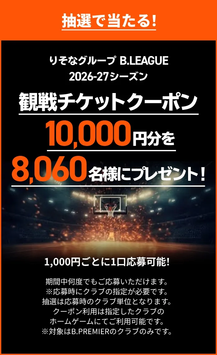 抽選で当たる！ りそなグループ B.LEAGUE 2026-27シーズン 観戦チケットクーポン10,000円分を8,060名様にプレゼント！ 1,000円ごとに1口応募可能！期間中何度でもご応募いただけます。 ※応募時にクラブの指定が必要です。抽選は応募時のクラブ単位となります。クーポン利用は指定したクラブのホームゲームにてご利用可能です。※対象はB.PREMIERのクラブのみです。
