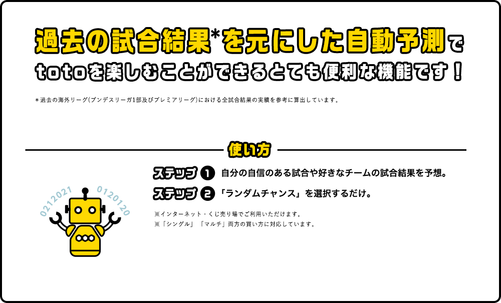 過去の試合結果 を元にした自動予測で totoを楽しむことができるとても便利な機能です！ ステップ1 自分の自信のある試合や好きなチームの試合結果を予想。 ステップ2 「ランダムチャンス」を選択するだけ。